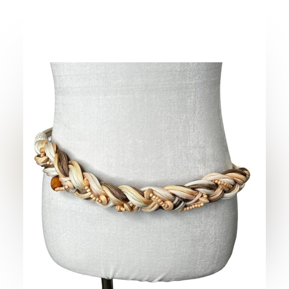 Vintage Braided Chunky Rope Belt Wood Beads White Peach Hook Closure 32"